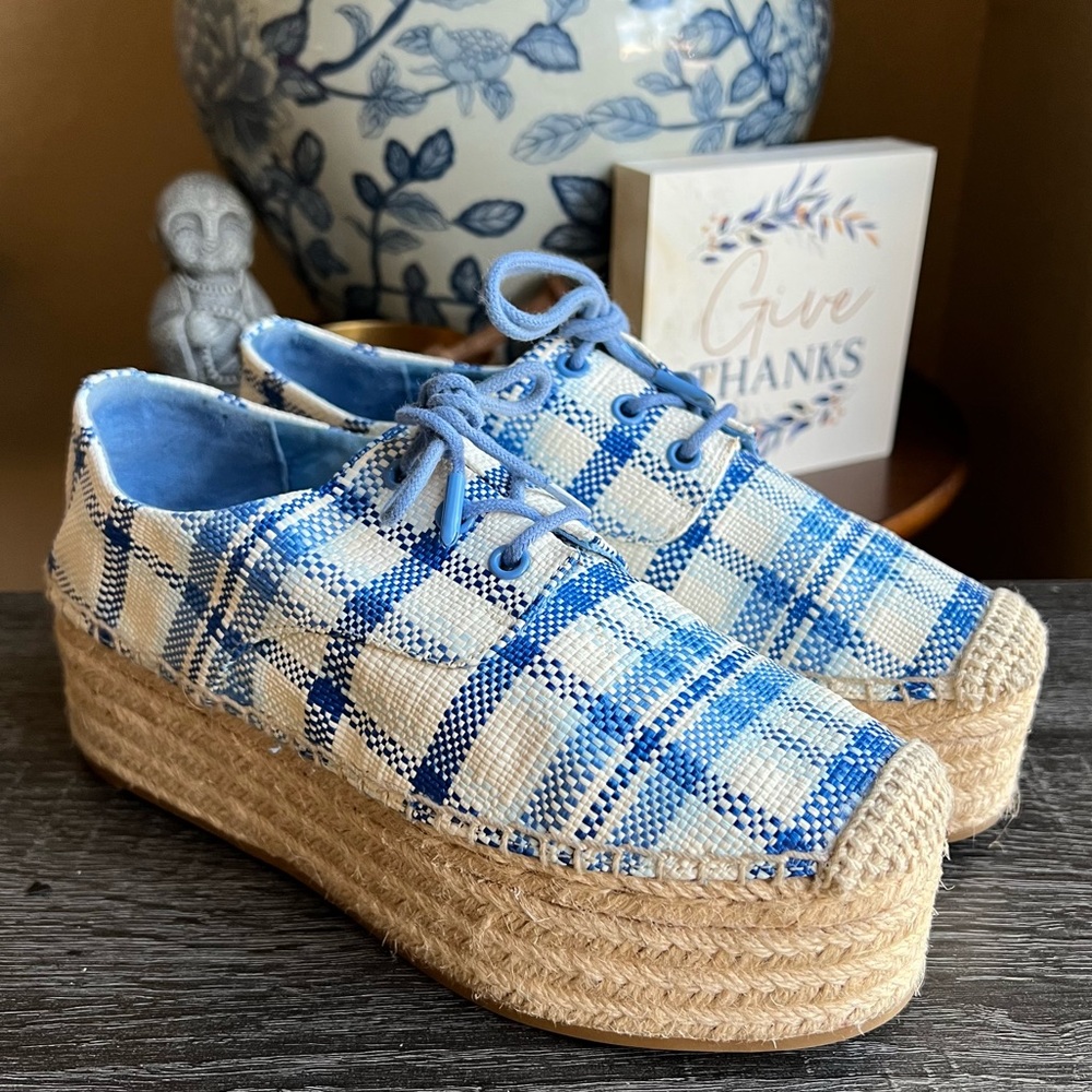 Tory Burch Florence Blue Plaid Platfrom Lace Up Espadrilles US6.5 Used Once!!